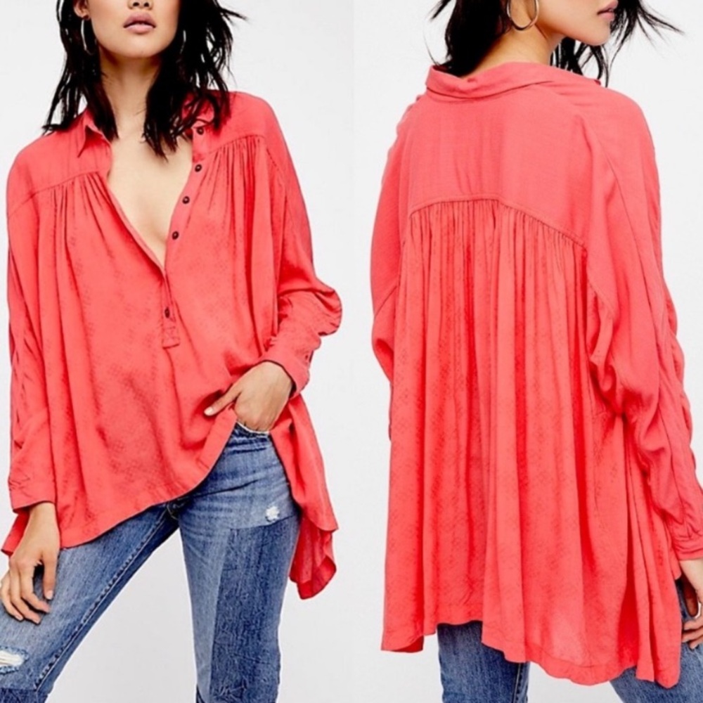 Free People Lovely Day Button Down Top in Coral Red